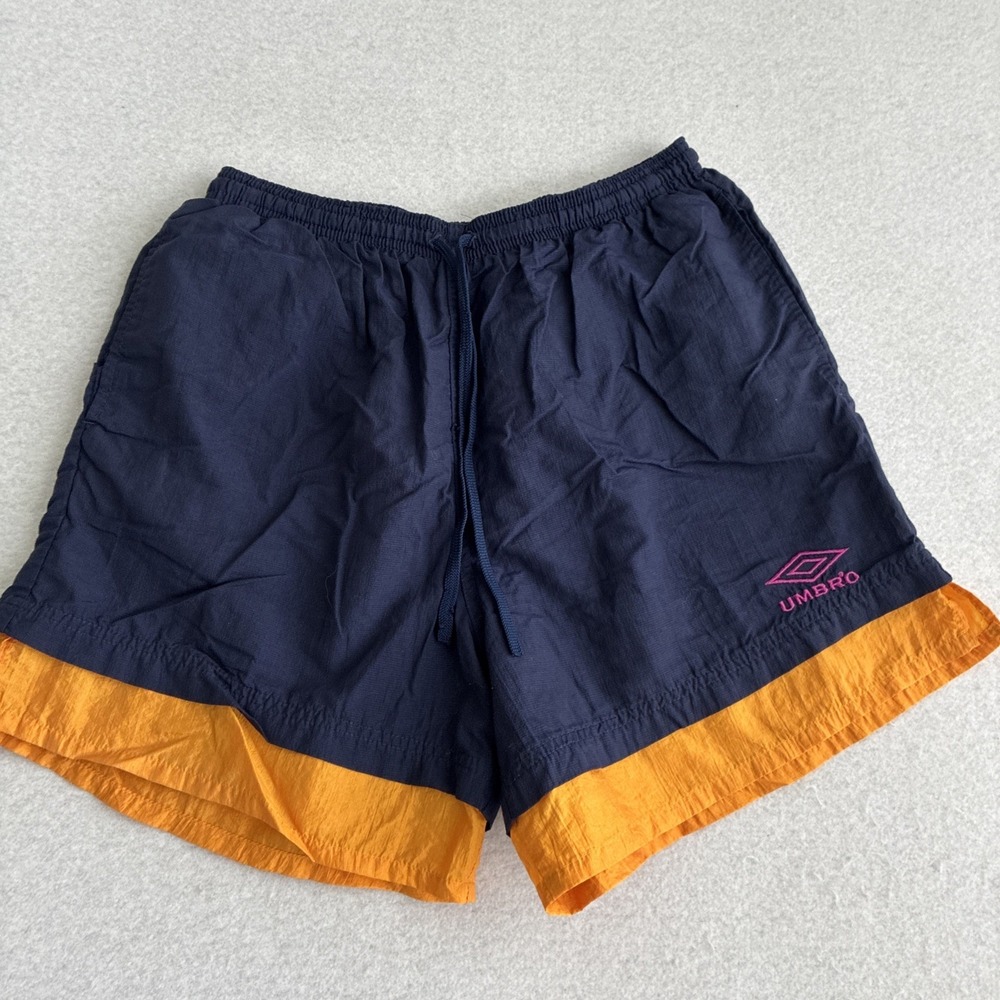 Vitnage 90s Umbro Sand Soccer Shorts Mens Medium Blue Gold Pink Nylon